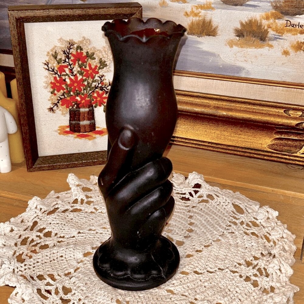 Westmoreland Satin Glass Victorian Hand Vase - Milk Glass with Amethyst Accents
